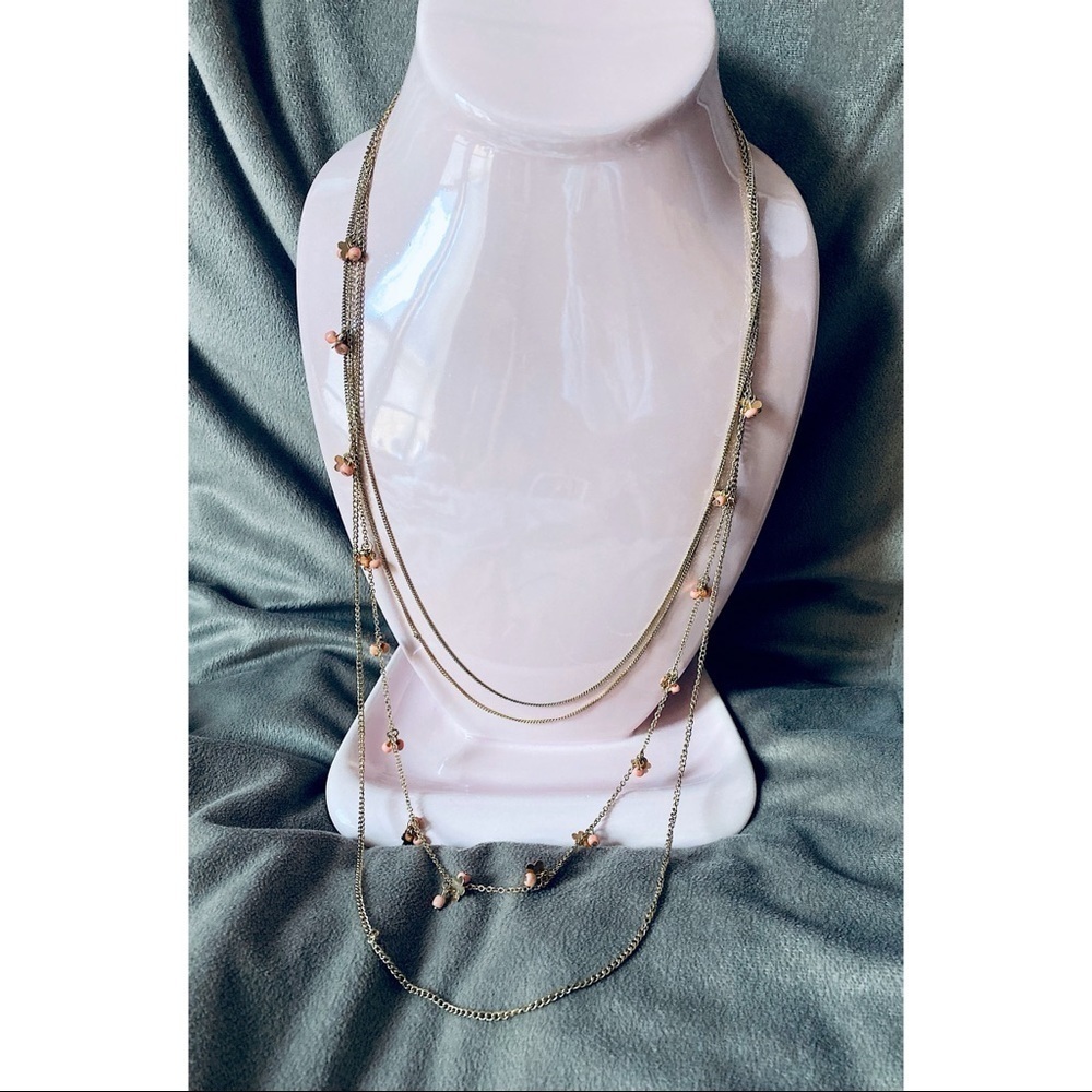 Vintage Gold Pink Multi Layer Dainty Tiered Chains Necklace Costume Jewelry